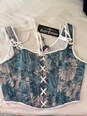 Blue Floral Lace-Up Corset Tank